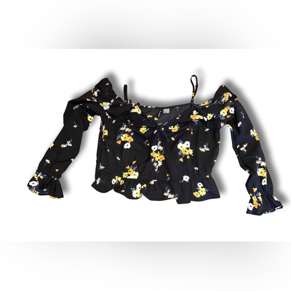 NWOT H& M Divided Off The Shoulder Strappy Black Floral Blouse (Size 10) - Picture 1 of 4